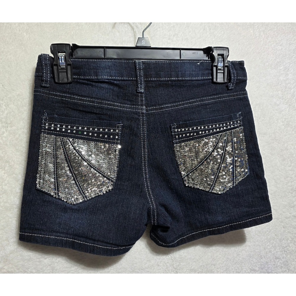 Y2K Yom Yom Girls Denim Shorts Sequin Back Pockets Rhinestones Blue Size 14 - Picture 2 of 8